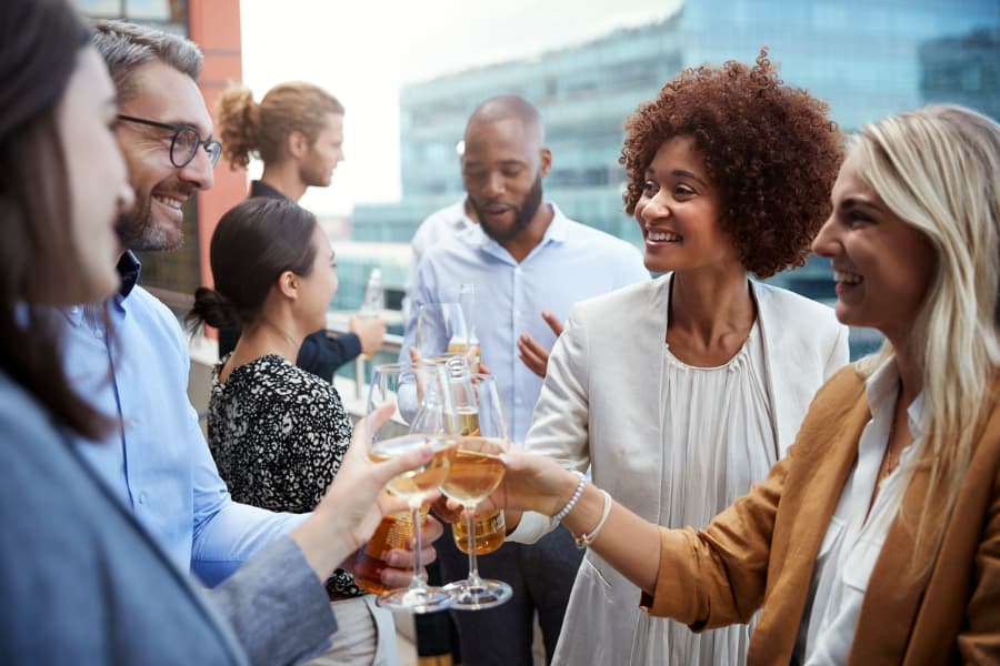 Group of adults toasting glasses of wine at social event 